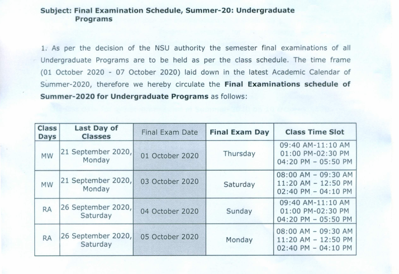 Final Examination Schedule Summer 2020 North South University